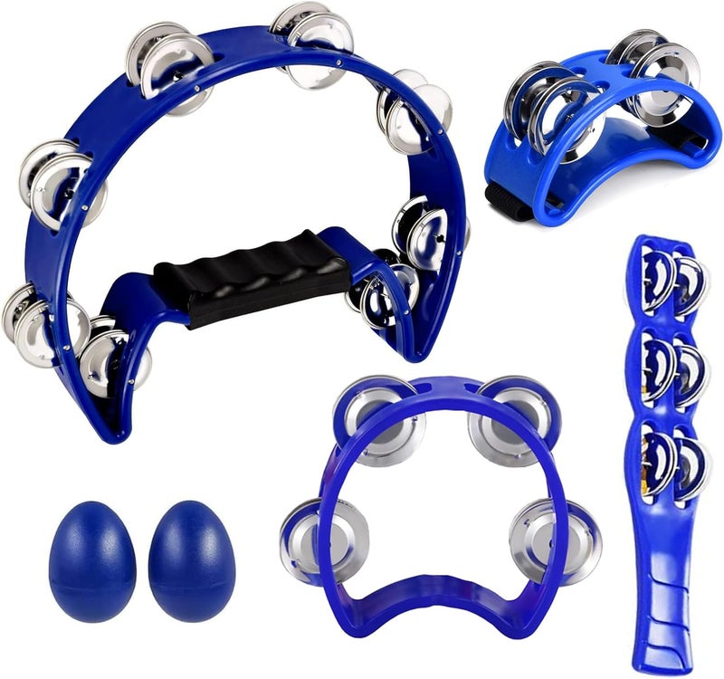 MOONBACK Tambourine, 4 Bells Tambourine, Foot Tambourine, Metal Jingles Hand Held Percussion,Tambourine For Adults,Half Moon Tambourine And Egg Shakers, Tambourine Stick Blue - Image 1